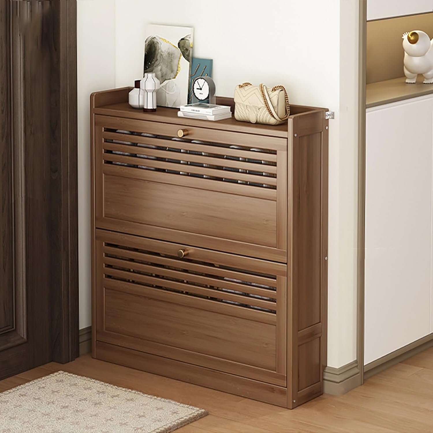 Shoe Storage Cabinet Cabinets Hallway Slim Cupboard Cupboards Hallways Slimline，Bamboo Shoe Rack Cabinet with Pulldown Drawers SpaceSaving Entryway nizer 2/3 Door Flip Design for Hallway Bed