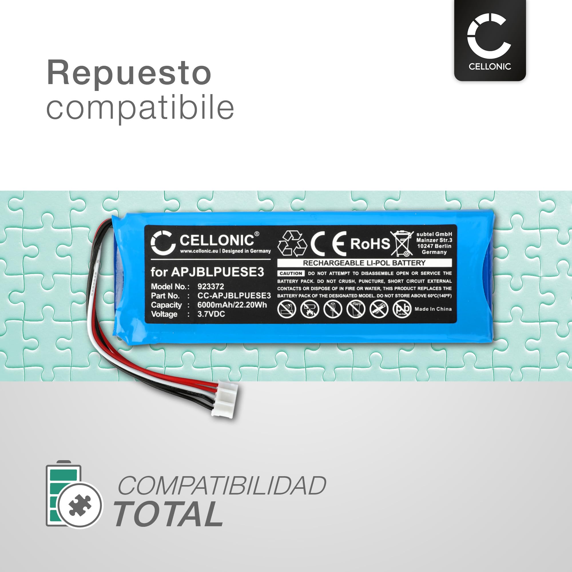 CELLONIC 1x Batería para Altavoz Compatible con JBL Pulse 3, 2017DJ1714 - (6000mAh, 3.7V)