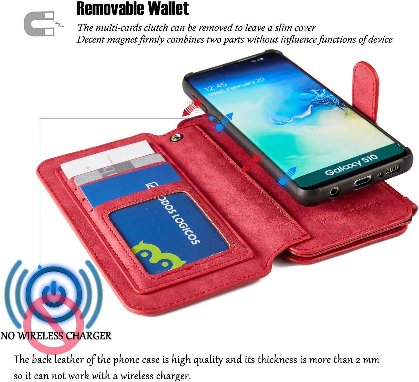 MODOS LOGICOS Samsung Galaxy S10 Case, [Detachable Wallet Folio][2 in 1][Zipper Cash Storage][Up to 14 Card Slots 1 Photo Window] PU Leather Purse with Removable Inner Magnetic TPU Case - Red
