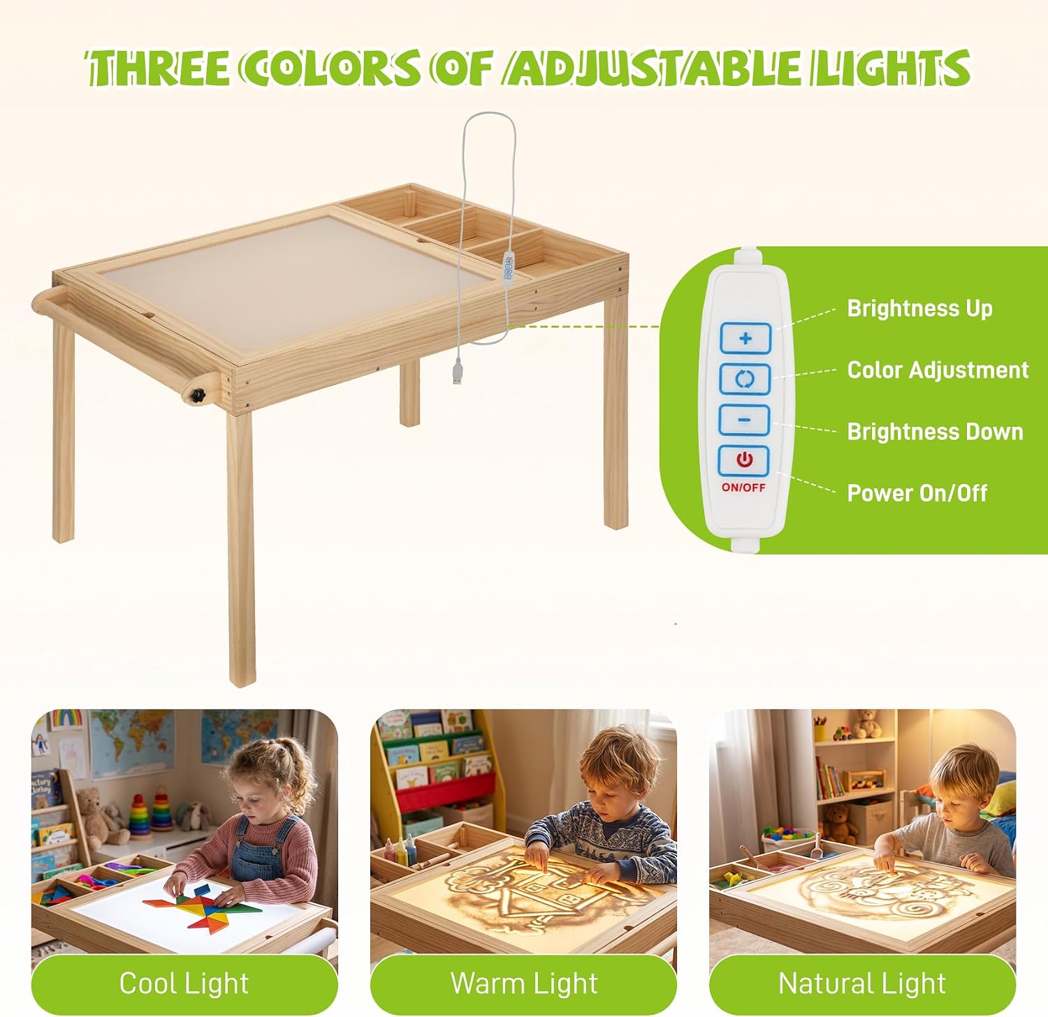 Light Table & Art Table for Kids with Building Brick Surface | 3 In 1 Activity Table, Features 3-Color Dimmable Lights, Paper Roll Holder & Storage To Inspire Creative & Imaginative Play