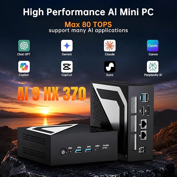 Personal AI Mini PC, Ryzen AI 9 HX 370 (80 TOPS, Up to 5.1GHz), 32G DDR5 RAM, 1T PCIE4.0 SSD, 2 * 2.5G LAN, Radeon 890M Mini Computer, 8K, Triple Display, USB4.0, Ocu-link, Windows 11 Pro