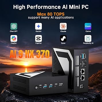 Personal AI Mini PC, Ryzen AI 9 HX 370 (80 TOPS, Up to 5.1GHz), 32G DDR5 RAM, 1T PCIE4.0 SSD, 2 * 2.5G LAN, Radeon 890M Mini Computer, 8K, Triple Display, USB4.0, Ocu-link, Windows 11 Pro