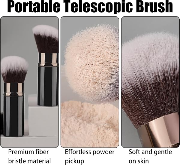 Juego de 3 brochas de maquillaje retráctiles, base Kabuki de viaje y brochas de rubor con cubierta, herramientas cosméticas portátiles para polvos y bronceadores - 2