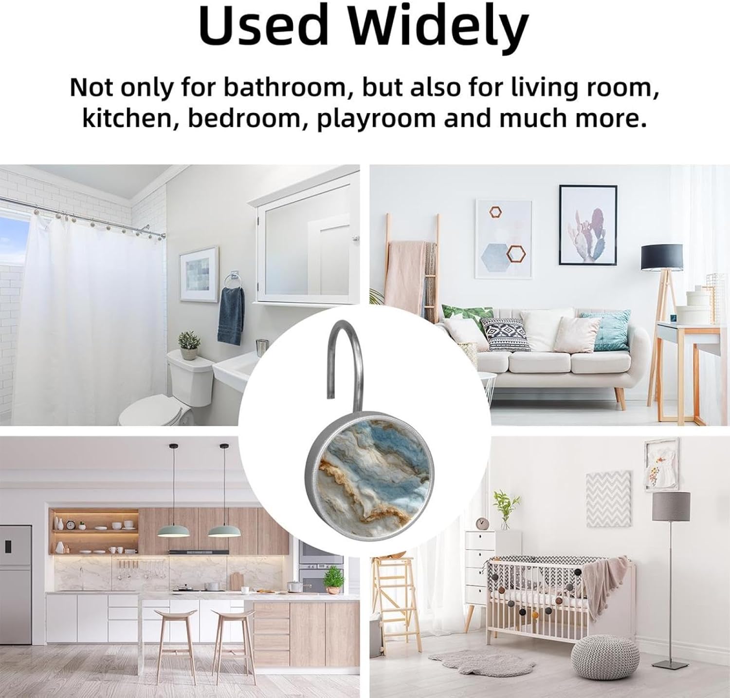 Marble Texture Pattern (1) Round Crystal Glass Decorative Shower Curtain Hooks with 3D Pattern Visual, Rust Proof Shower Curtain Rings-12 Pack