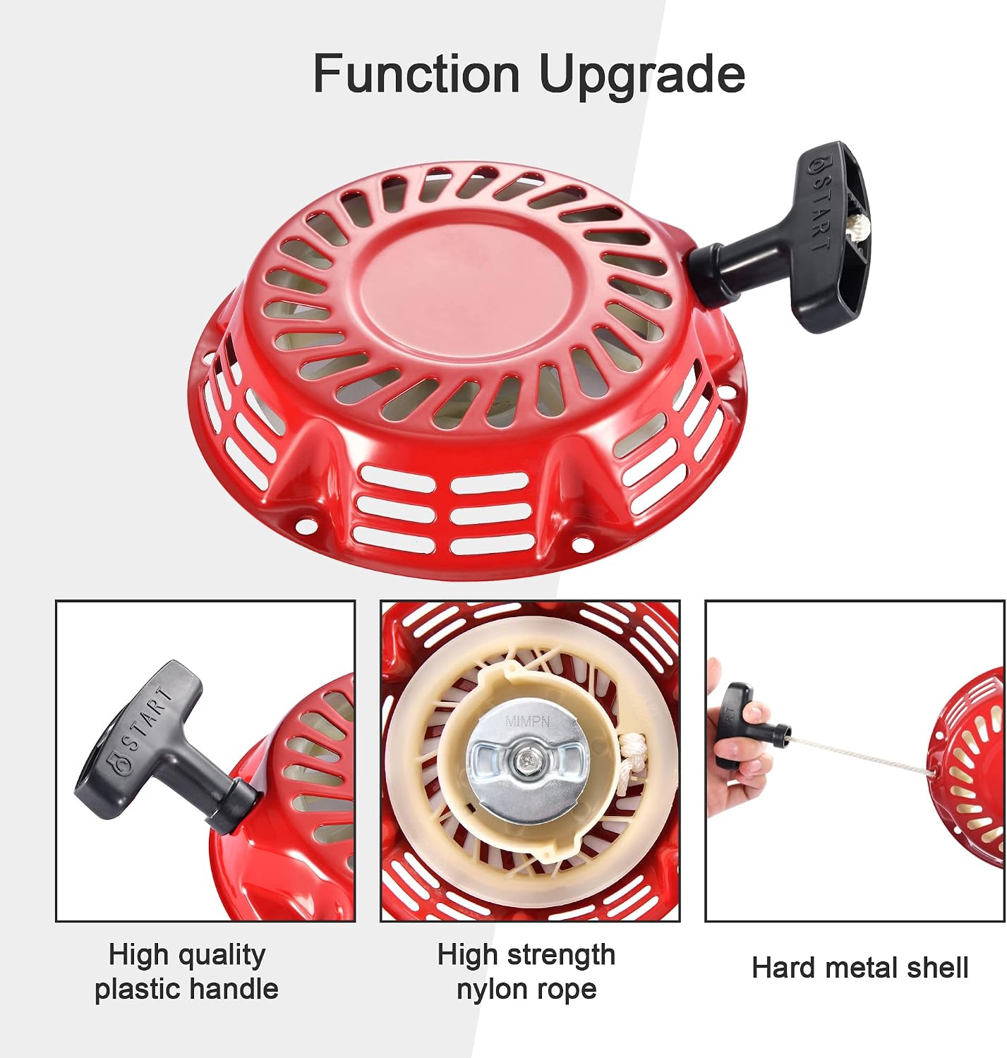 Features of the pull start starter including high quality plastic handle, high strength nylon rope, and hard metal shell.
