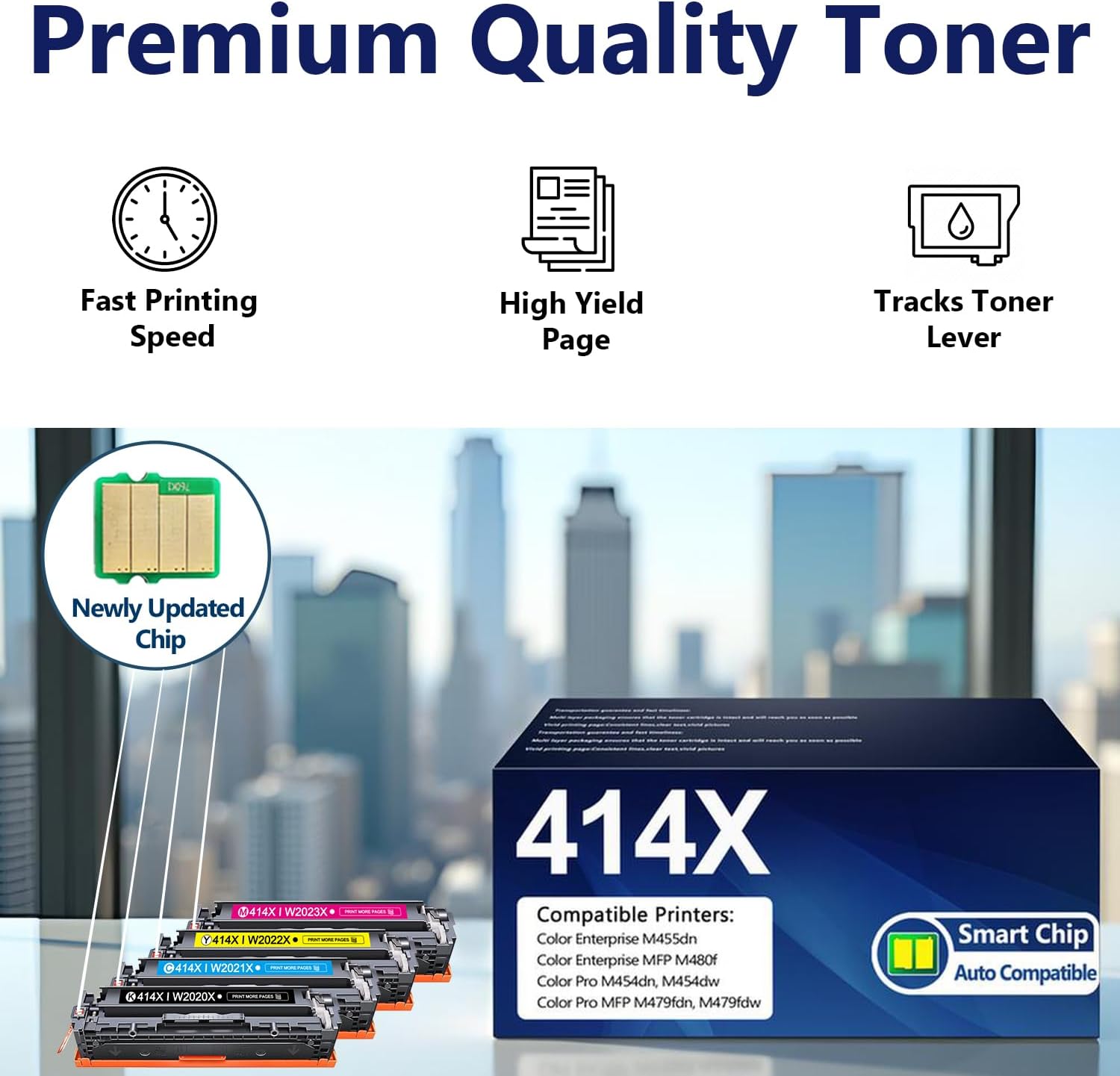 414X Toner Cartridges 4 Pack MFP M479fdw with Chip Replacement for HP 414X W2020X 414A W2020A Compatible with Color Pro MFP M479fdw M479fdn M479dw Pro M454dw M454dn Printer Ink (BK/C/Y/M)
