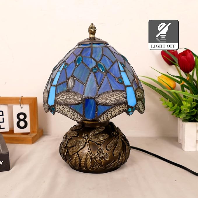 VirtueKing Blue Dragonfly Style Tiffany Table Lamp Small Stained Glass Lamp 8" Wide 12" Tall Tiffany Lamp Mushroom Desk Light for Bedroom Home Office Decor with Color Changing LED Bulb photo 3