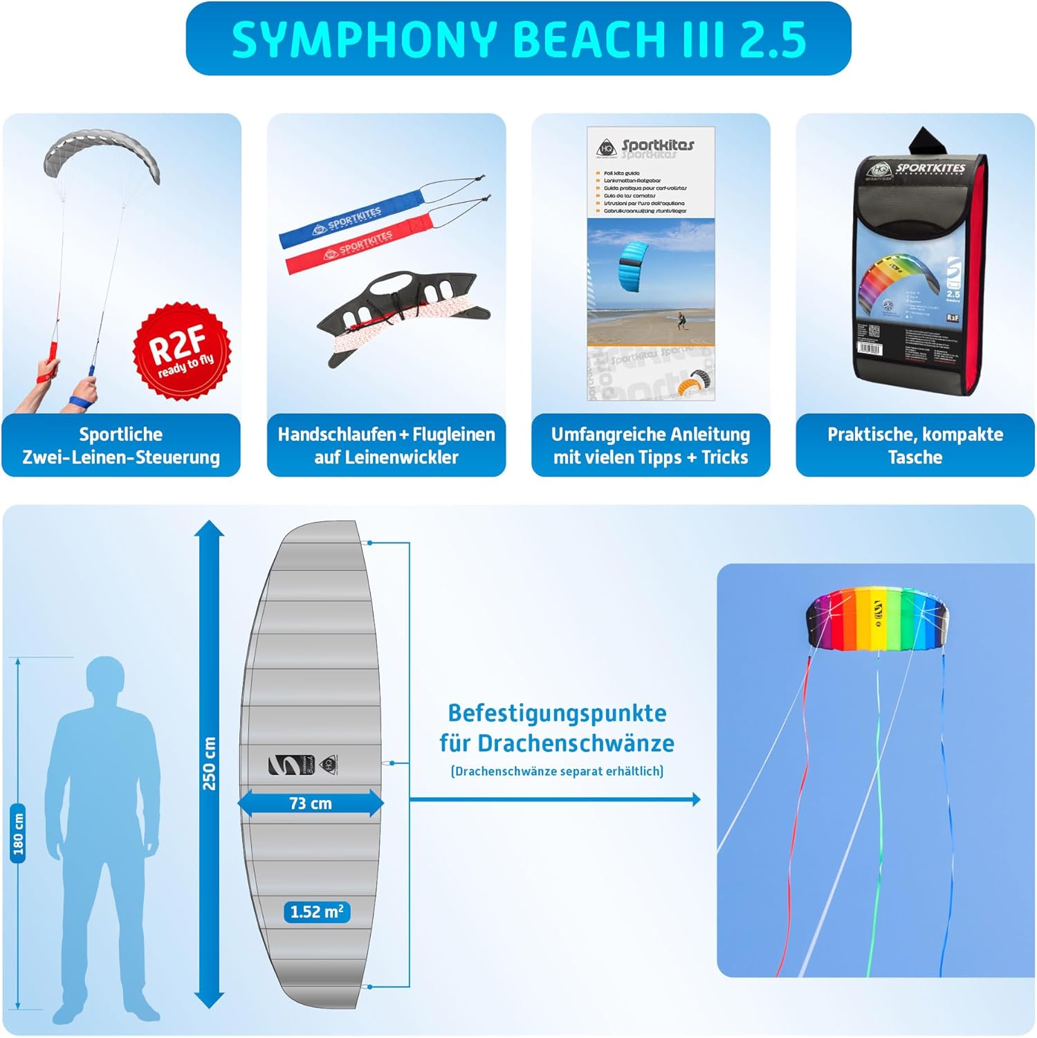 HQ Symphony Beach III 2.5 Stunt Kite, Rainbow, Dual Line Foil Sport Kite
