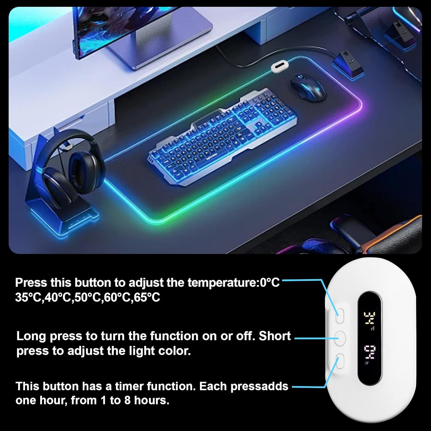 Heated Mouse Pad - Warm Mouse Pad - 6-Level Temperature Adjustment, Smart Temperature Control, LED Gaming Mouse Pad, 8-Hour Timer with Auto Shut-Off,31.5 x 15.7 inches