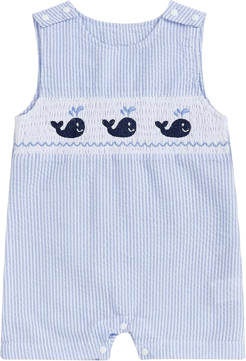 Recién Nacido Bebé Niños Sin Mangas Seersucker Mameluco De Una Pieza Correas Mono A Rayas Mono Verano Smocked Ropa