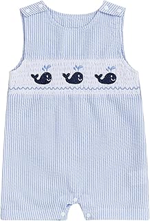 Newborn Baby Boys Sleeveless Seersucker Romper One Piece Straps Overalls Striped Jumpsuit Summer Smocked Clothes