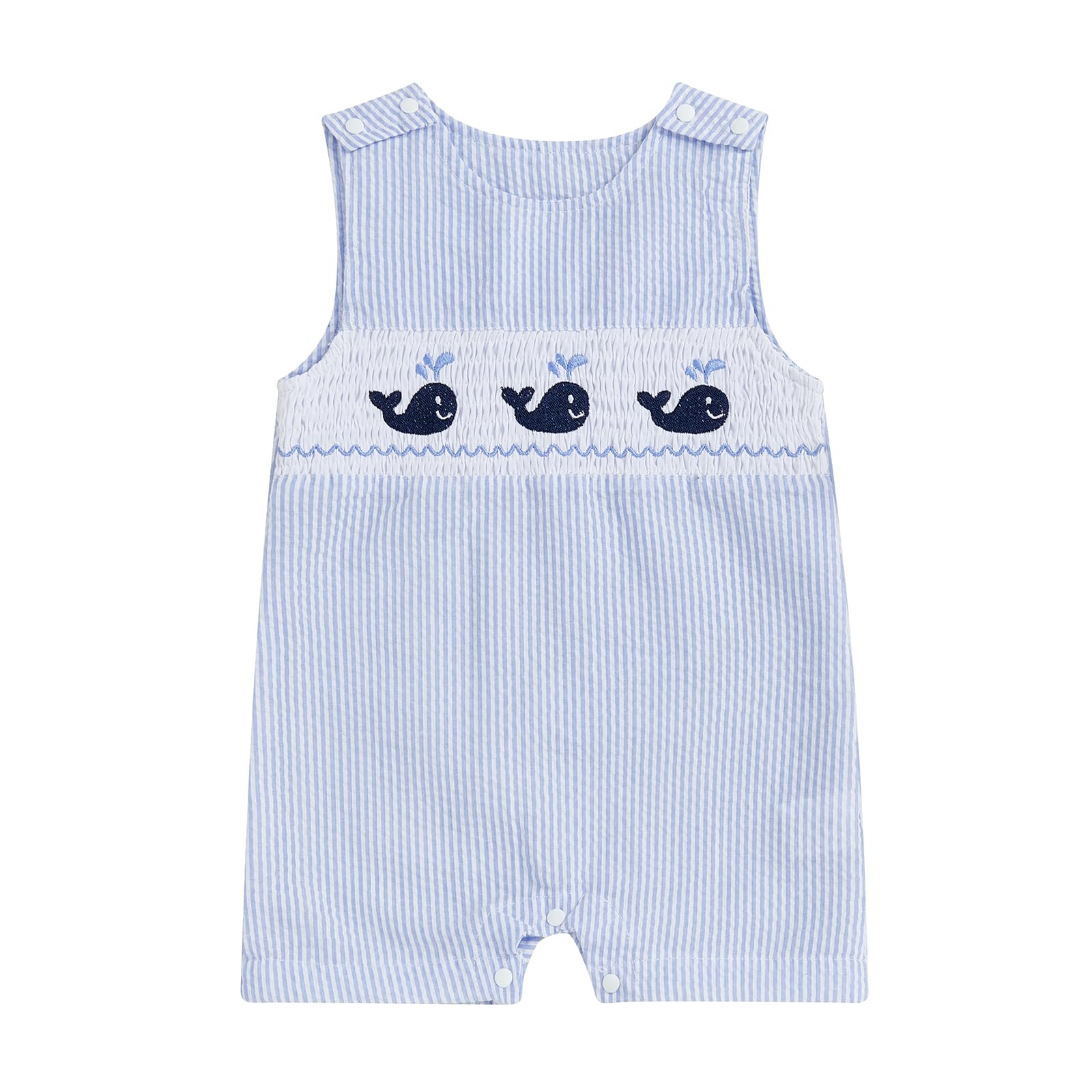 Newborn Baby Boys Sleeveless Seersucker Romper One Piece Straps Overalls Striped Jumpsuit Summer Smocked Clothes