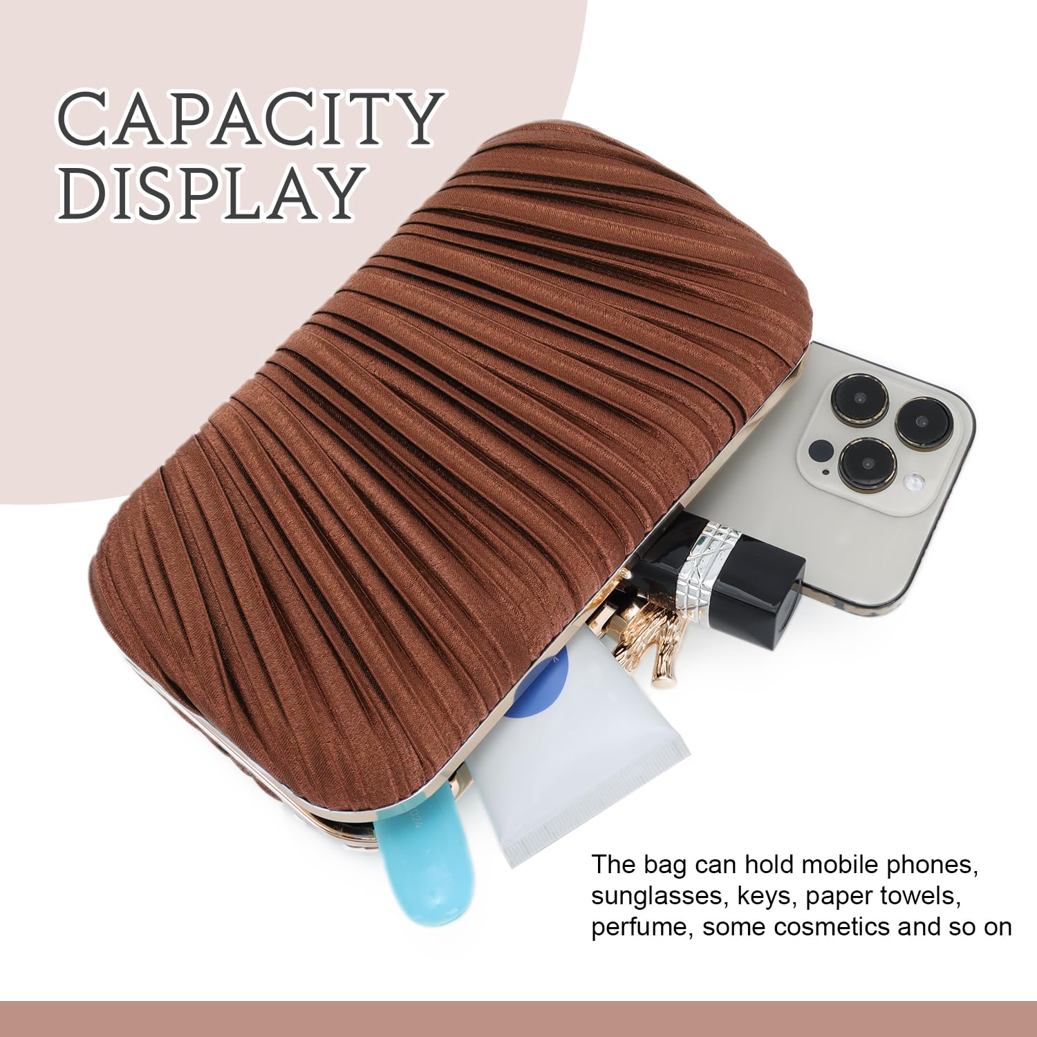 Freie Liebe Clutch Purses for Women Evening Bag Pleated Clutch Bag with Chain for Wedding Party | with Chain, for Wedding Party: Coffee