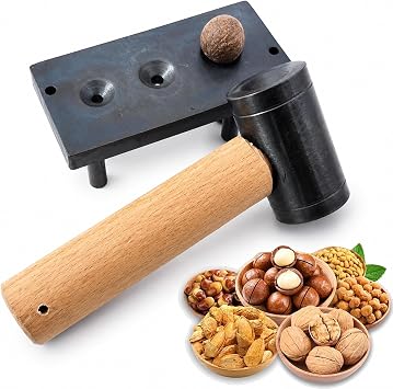 Manual Nutcracker, Macadamia Nut Cracker, with Iron Base & Hammer, for Diameter 12/16/19mm, for Walnuts, Chestnuts, Pecans