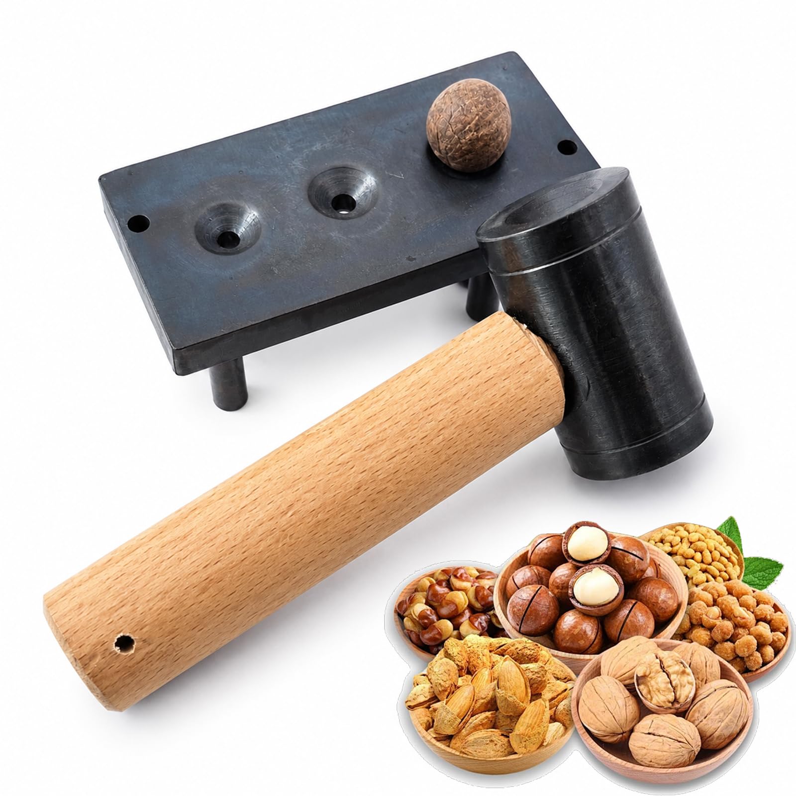XCSCUK Manual Nutcracker,with Iron Base and Hammer, for Diameter 12/16/19mm Cracking Macadamia Walnuts Chestnuts Pecans
