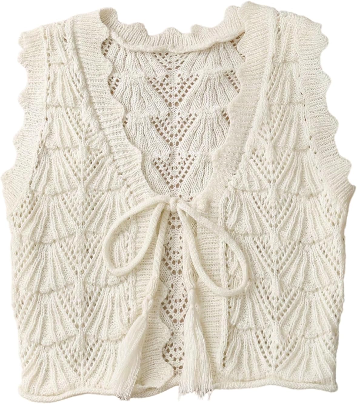 Verdusa Women's Crochet Sweater Vest Vacation Bow Tie Sleeveless Knit Tops