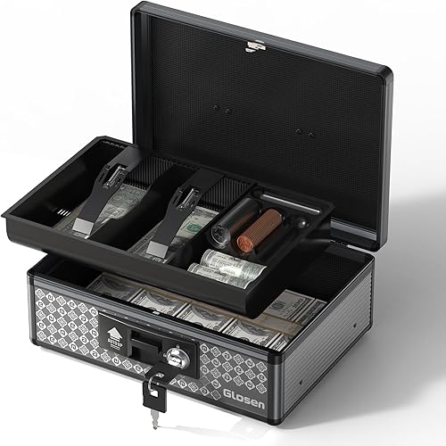 Glosen Caja de efectivo con cerradura, caja de dinero con cerradura de llave y bandeja extraíble para monedas de 8.85 x 5.3 x 11.8 pulgadas (negro,
