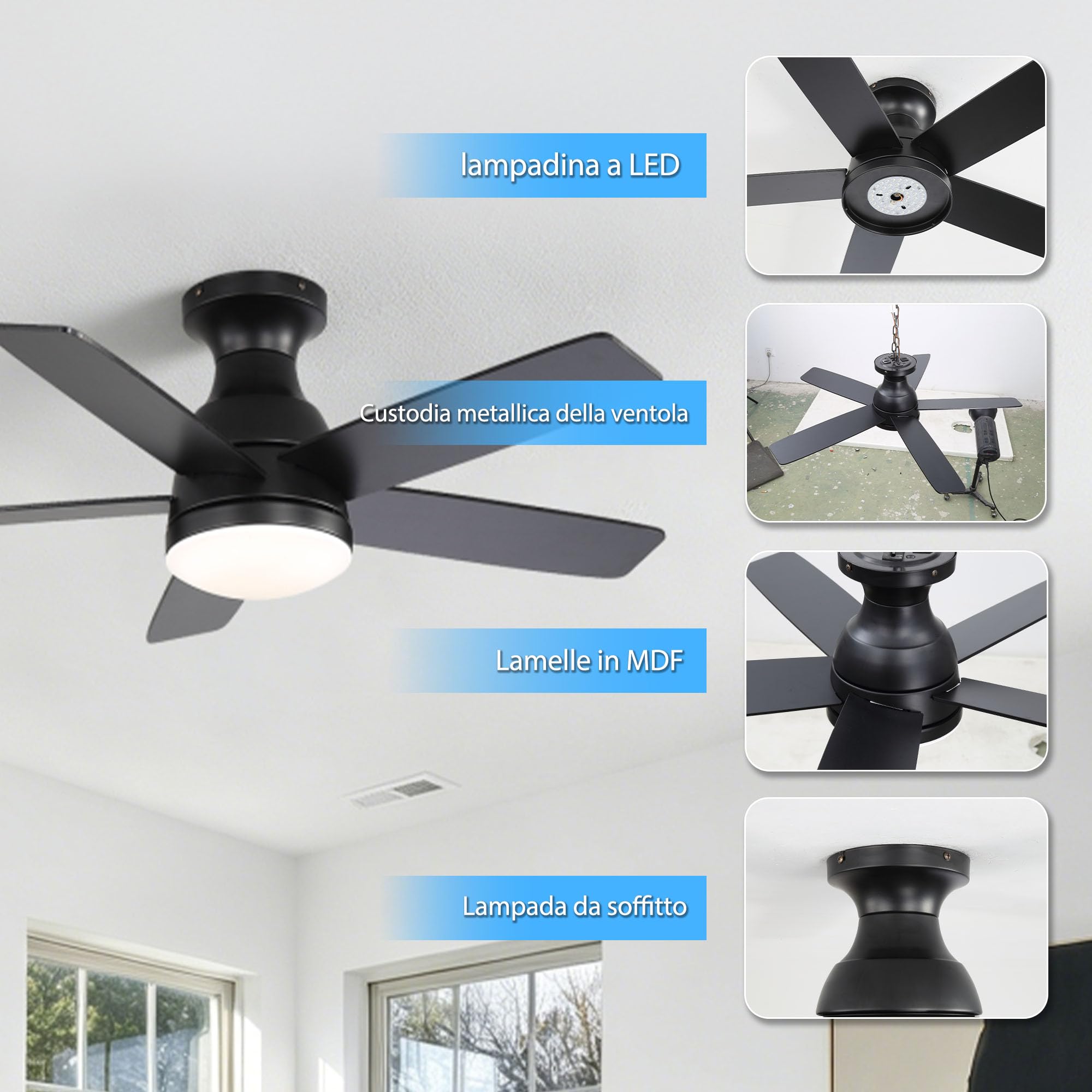 OZENAOS Ventilatore da Soffitto con Luce 112 cm, Motore DC Silenzioso con Telecomando, 6 Velocità, Timer, 3 Luci Dimmabili, Nero per Soggiorno Camera