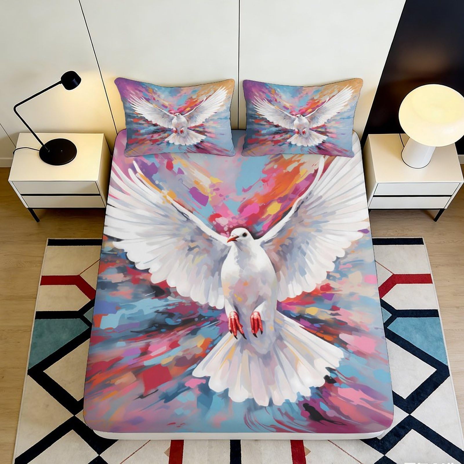 Jqzkxnhpbr Style-1 3D Printed White Dove Fitted Sheet Microfiber Soft Colorful Sky Mattress Cover Bedroom Dorm Decor 90X200x25cm