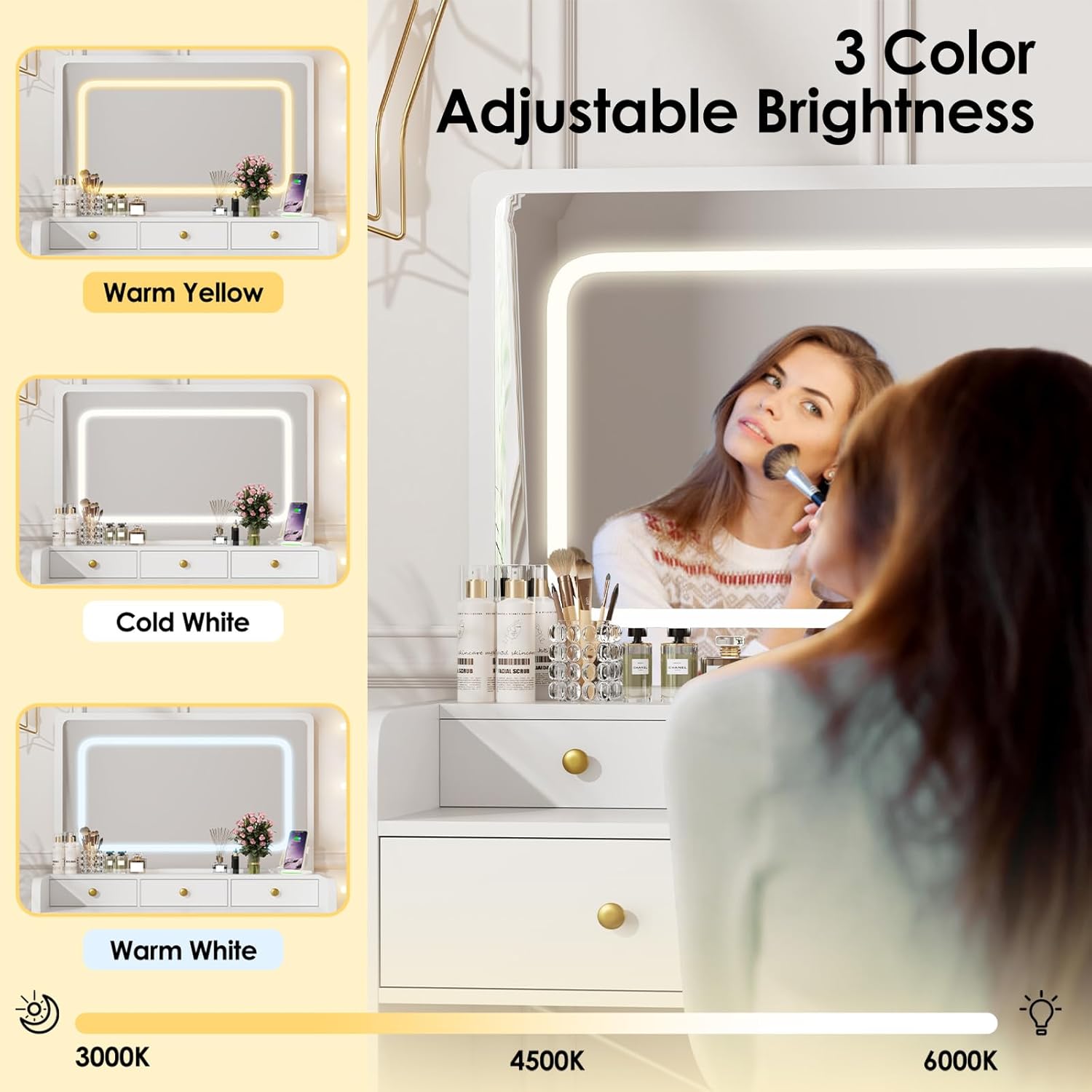 Makeup Vanity Desk Set with LED Lighted Mirror Glass Top Dressing Table & Stool, 5 Storage Drawers, Power Outlet, Hair Rack Stepless Dimmable Lights (3 Color Modes), White