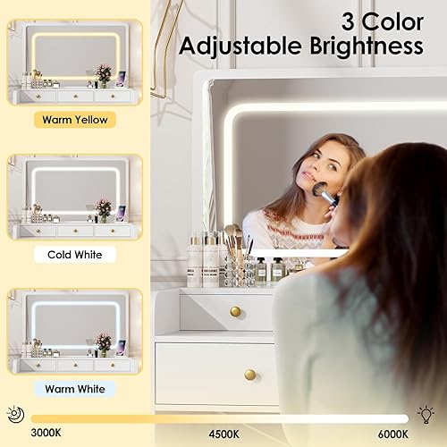 Miniatura 2 de Escritorio de tocador con espejo y luces, mesa de tocador de maquillaje con cajones, taburete de almacenamiento, espejo grande de 41 pulgadas, juego