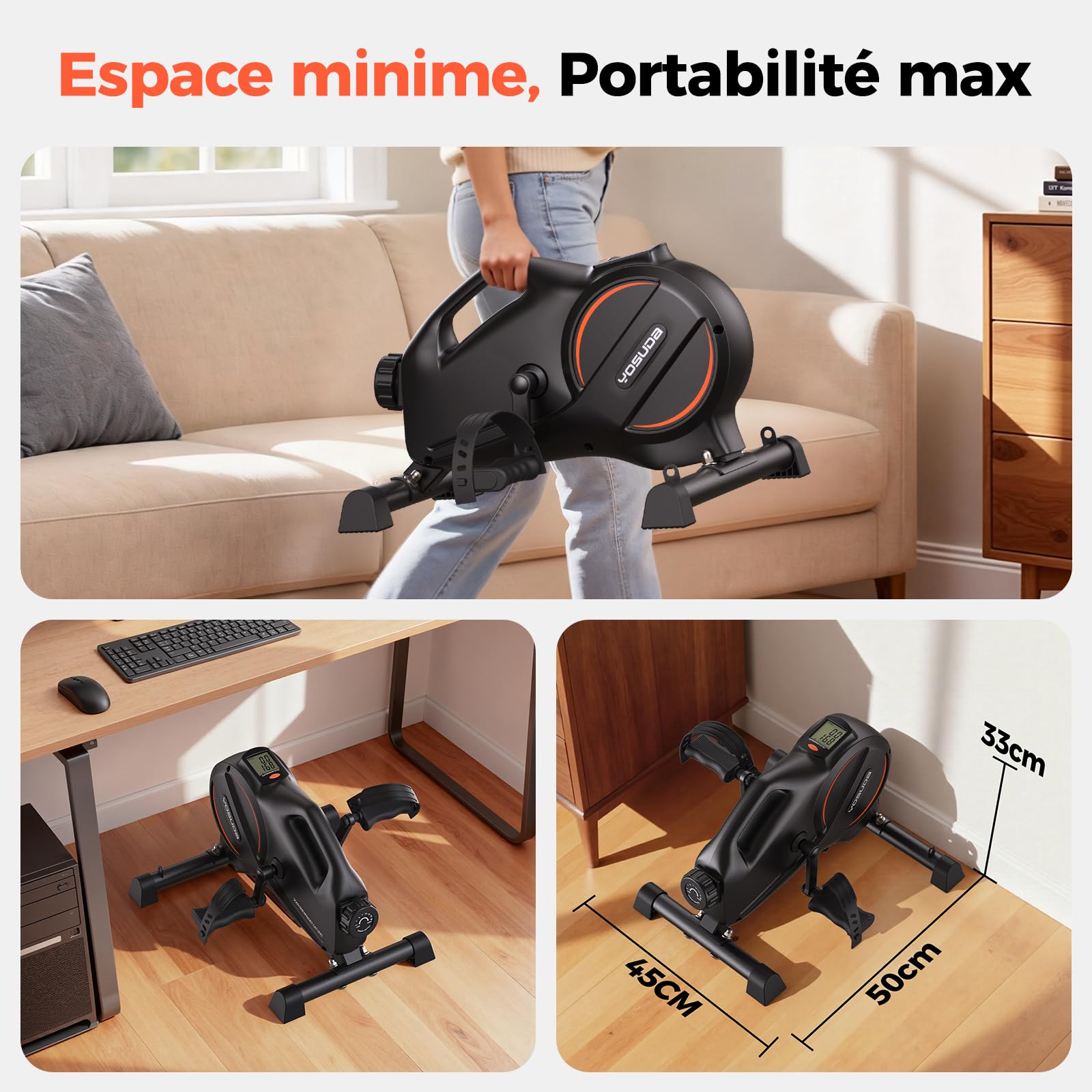 YOSUDA Vélo d‘Appartement Mini avec 16 Niveaux de Résistance Réglable, Pedalier avec 2 Bandes de Résistance et Tapis Antidérapant, Silencieux pour Le Bureau et la Maison