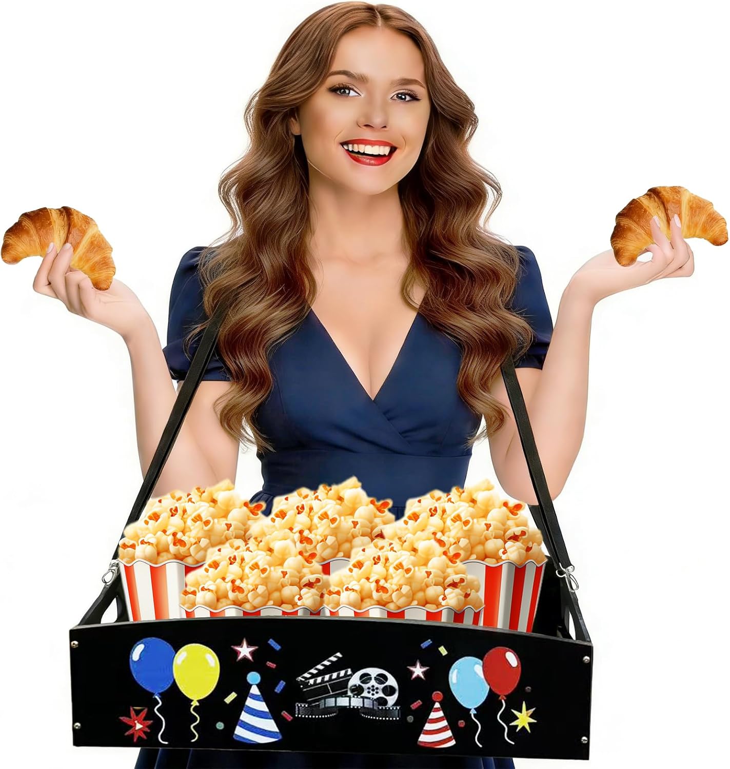 Large Wooden Snack Trays with Strap 22.5 X 17 X 5.9 Inch Movie Night Snack Trays Usherette Vendor Tray Popcorn Carrier Party Tray for 20's Theme Party Carnival Costume Supplies