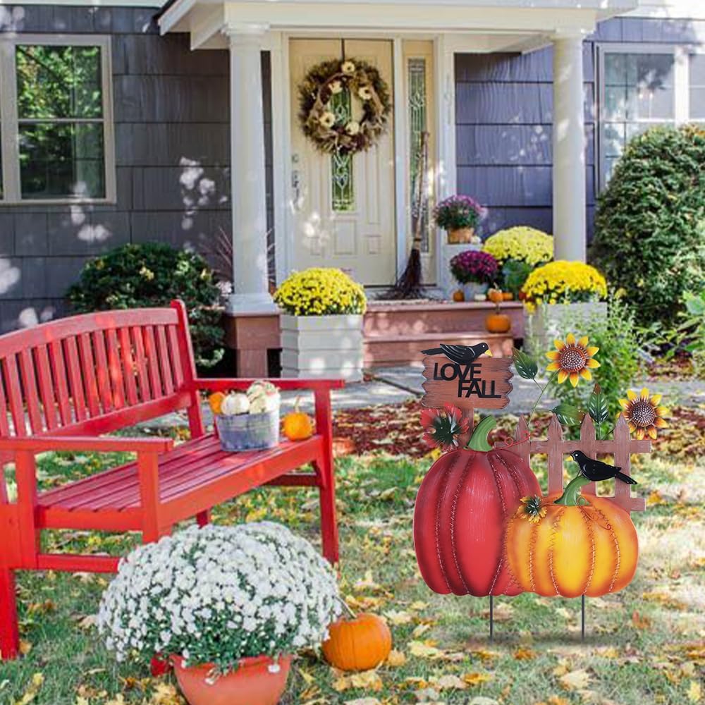 hogardeck Fall Decorations for Home Outdoor, Decorative Garden Stakes with Pumpkins for Fall Decor, Metal Yard Sunflower Signs for Garden Home Lawn Patio Thanksgiving Decorations