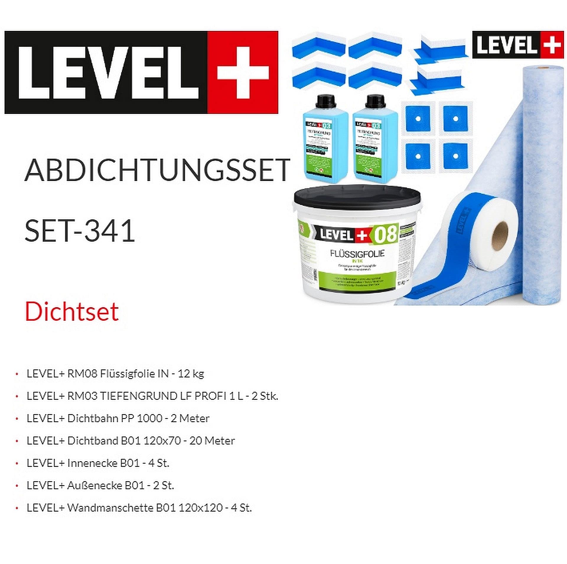 Dicht-Set 12Kg Flüssigfolie, 2m2 Dichtbahn, 20m Dichtband, 4 Innenecken, 2 Außenecke, 4 Wandmanschetten, 2L Tiefengrund, Dusche, Bad, Küche SET341