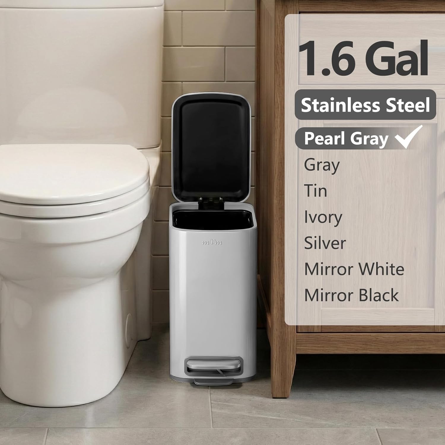 mVm Bathroom Trash Can, 1.6 Gal/ 6L Slim Step Trash Can with Lid, Small Garbage Can with Removable Bucket (Pearl Gray)