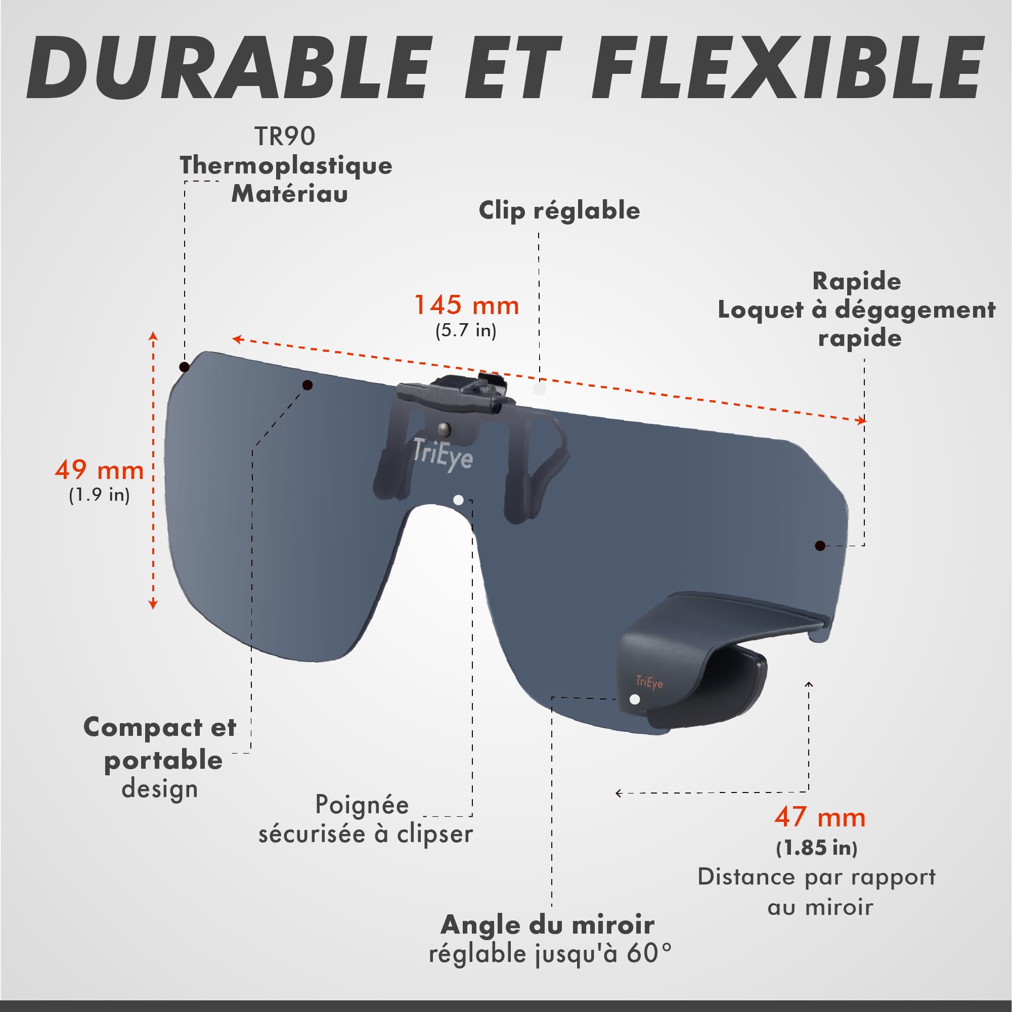 TriEye View Clip-On Lunettes de Soleil avec Rétroviseur Gauche – Lunettes Polarisées à Clipser pour Porteurs de Lunettes – 140/145 mm – Verres Clairs ou Fumés