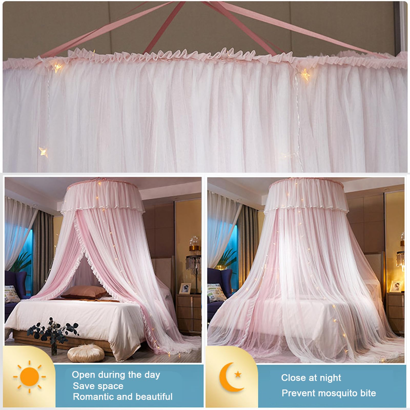 Moskitonetz Bett, Großes Moskitonetz Reise Betthimmel Mückennetz Insektenschutz für Doppelbett/Einzelbett Kinderbett Einfache Anbringung Moskitonetz Bett für Reisen oder Dekoration (Rose-1)