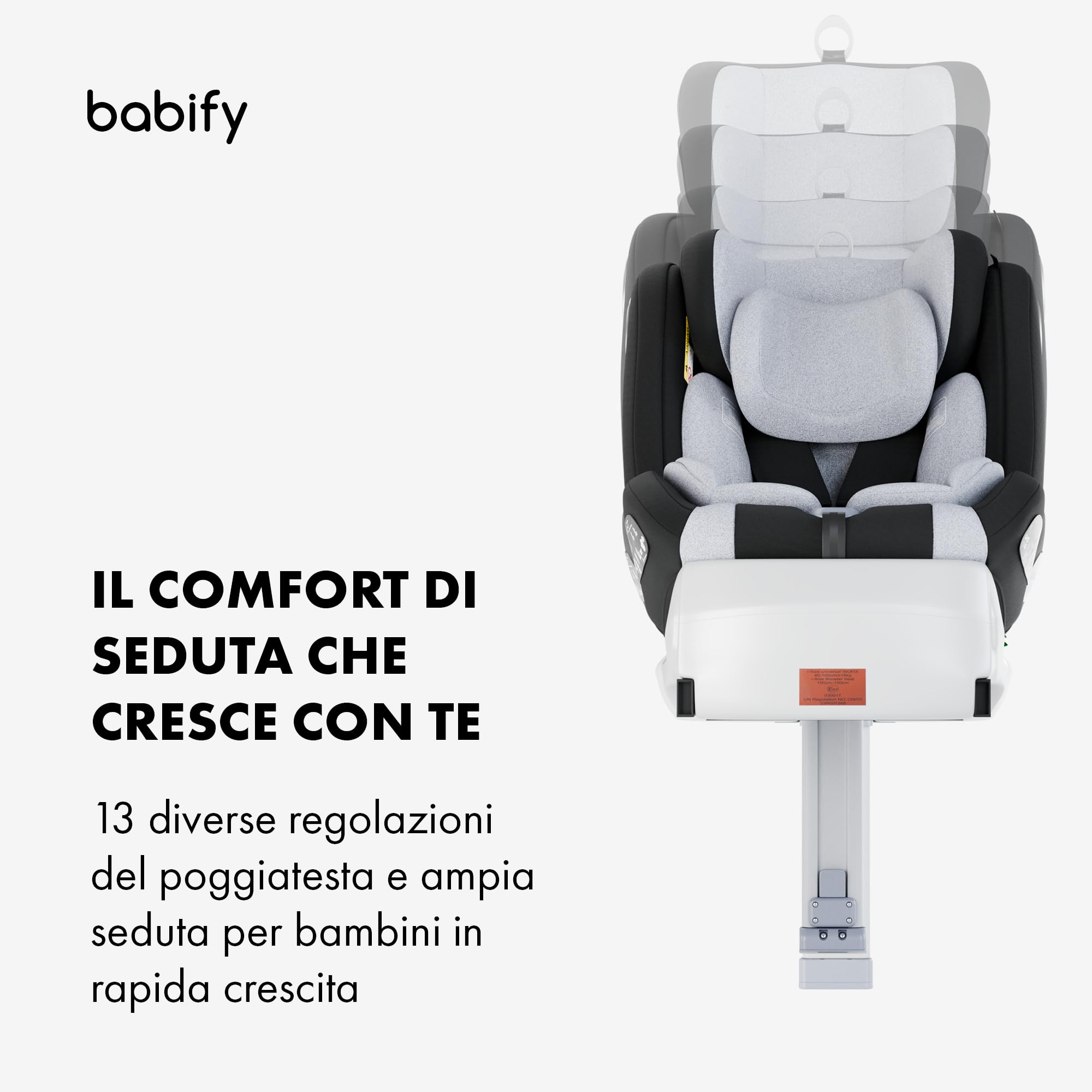 Babify - Seggiolino Per Auto, 0-36 Kg, Isofix, Rotazione A 360°, ECE R129, Reclinabile, 5 Punti, Grigio, Per Bambini Da 40 A 150 cm, Poggiatesta Regolabile, Gamba Di Sostegno, Facile Da Pulire