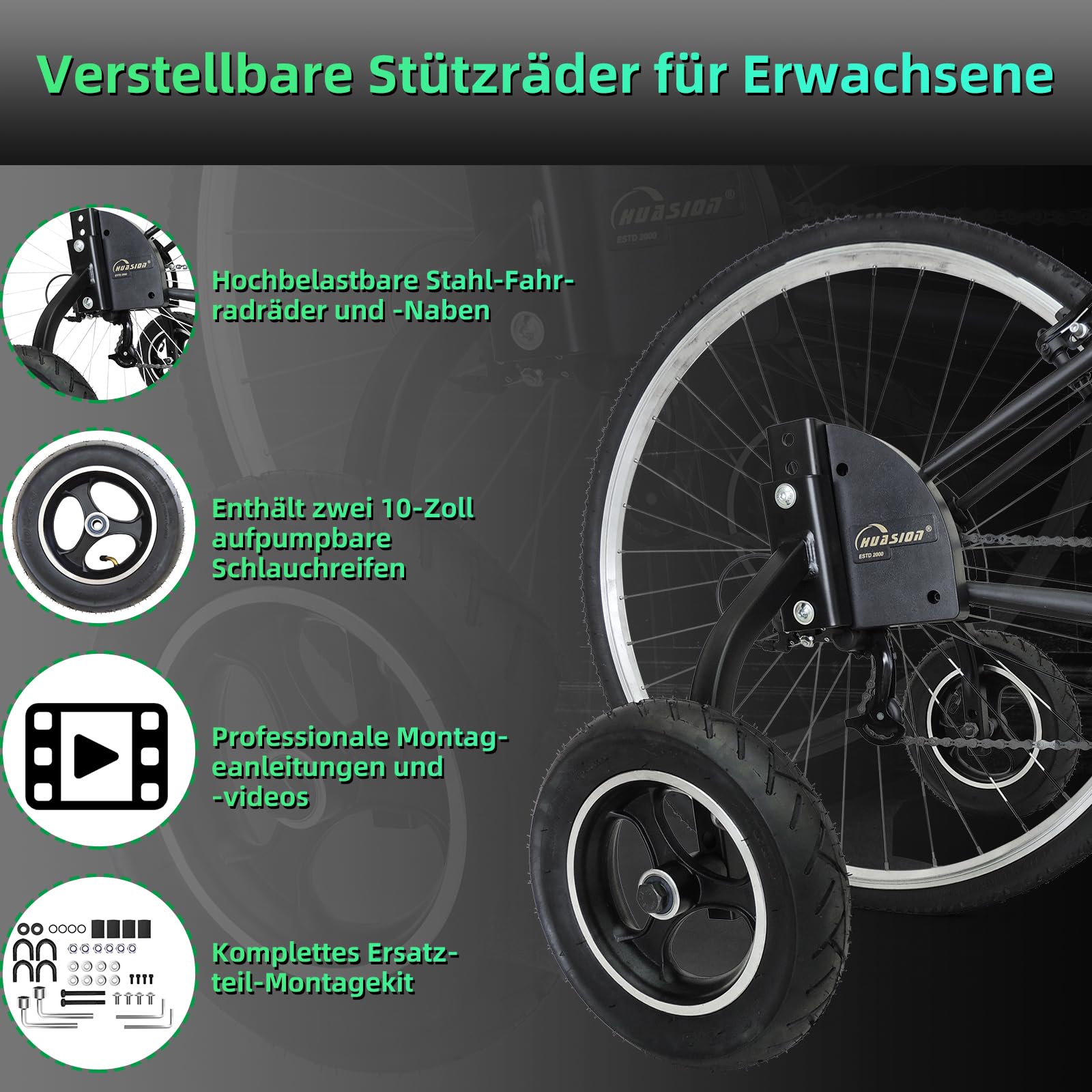 Stützräder für Erwachsene | Verstellbares Trainingsrad Set | Universell für 24-29 Zoll Felgen (700C) | Für Schnellspanner & E-Bikes | Bis 100 kg (220 lbs) Traglast