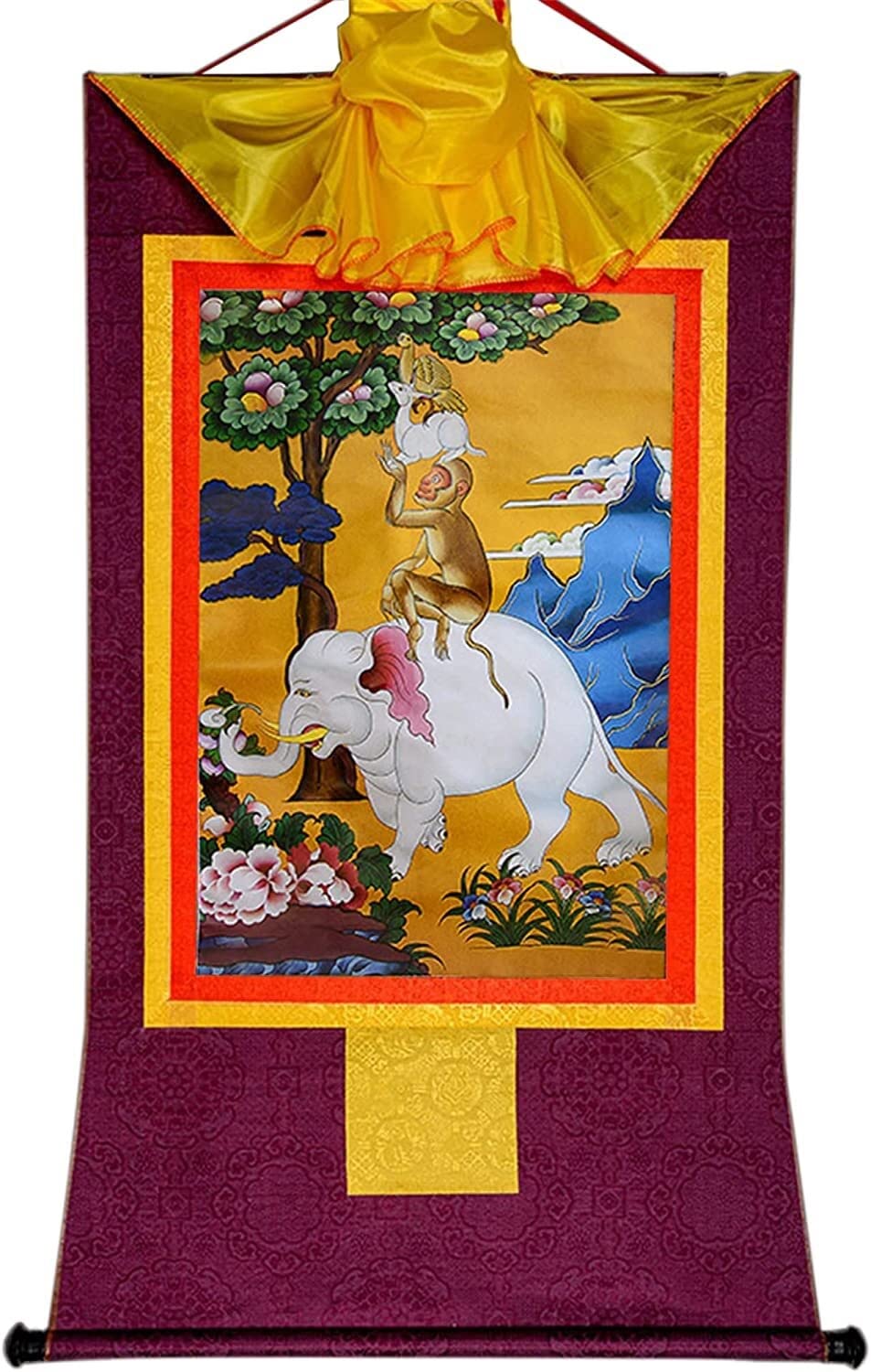 YTBHSHXZ Tibetische Thangkas, Vier harmonische Tiere, buddhistische Thangka-Brokat(Red,35L x 20W cm)