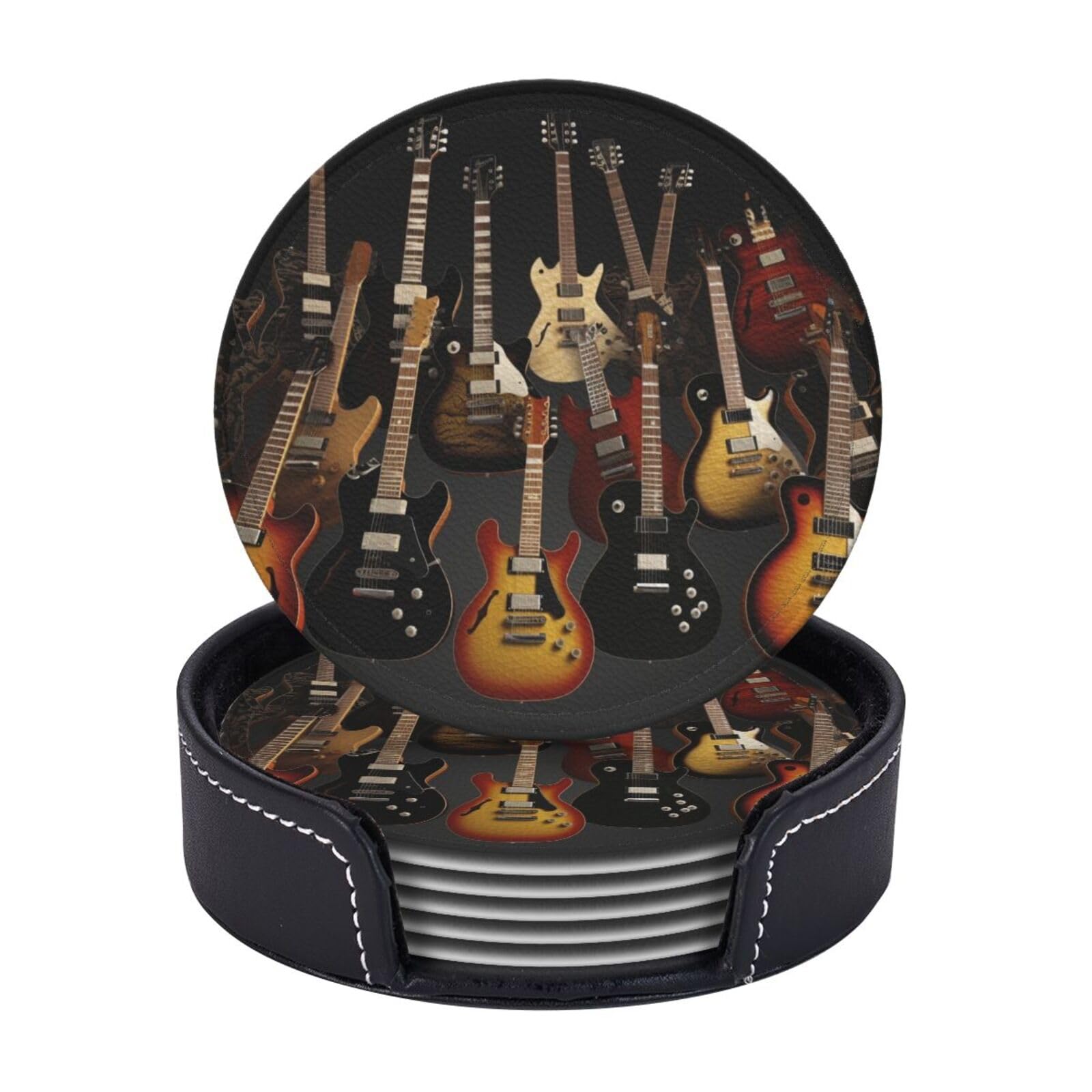 6Pcs PU Leather Coaster for Drinks, Guitars Cup Coasters with Holder, Aesthetic Drink Coasters for Coffee Table, Round Coaster for Tabletop Protection 4" Cup Mat Pad