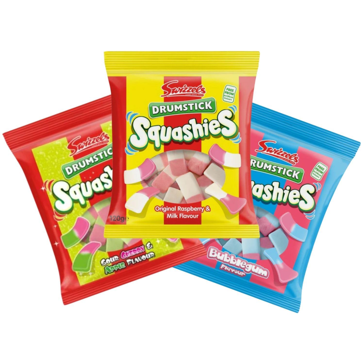 Squashie Drumstick Variety Pack | Original Raspberry and Milk, Sour Cherry and Apple, and Bubblegum Flavour | 120g | 3 PACK BUNDLE