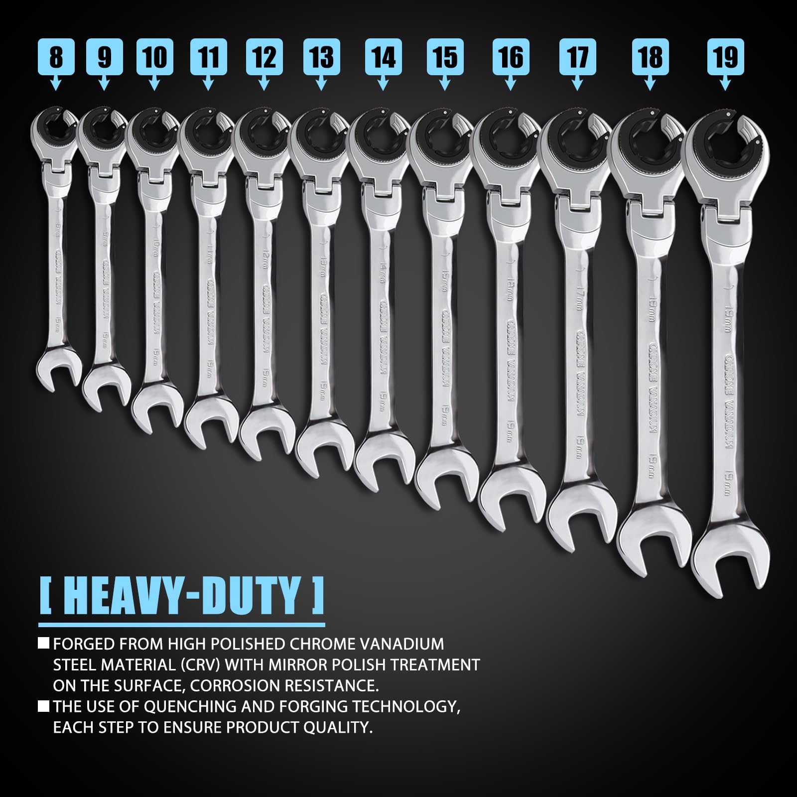 LOSCHEN Chiave metrica a cricchetto combinata, 12 pezzi, 8-19 mm, chiave metrica a 72 denti, cricchetto in acciaio al cromo vanadio