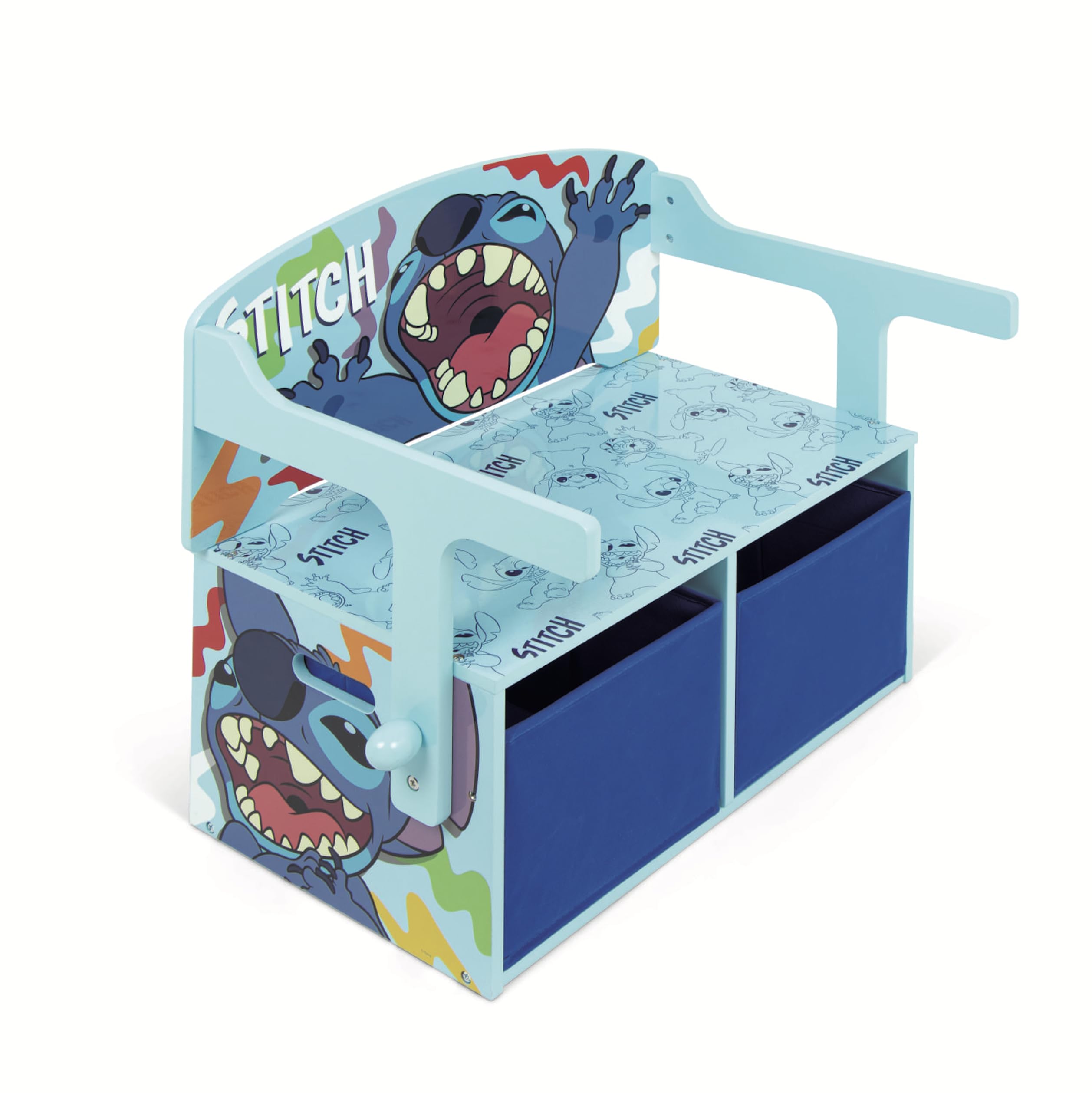 ARDITEX - Banc pupitre en Bois pour Enfants Convertible en Bureau avec Espace de Rangement inférieur Stitch de Disney - 60x47x56cm - Couleur Bleu et Turquoise - Idéal pour Chambre d’Enfant