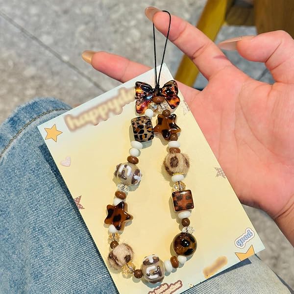Leopard Print Phone Charm with Beaded Design,Y2K Star Phone Charms Accessories with Bow Detail for Bag Keychain Camera - 4