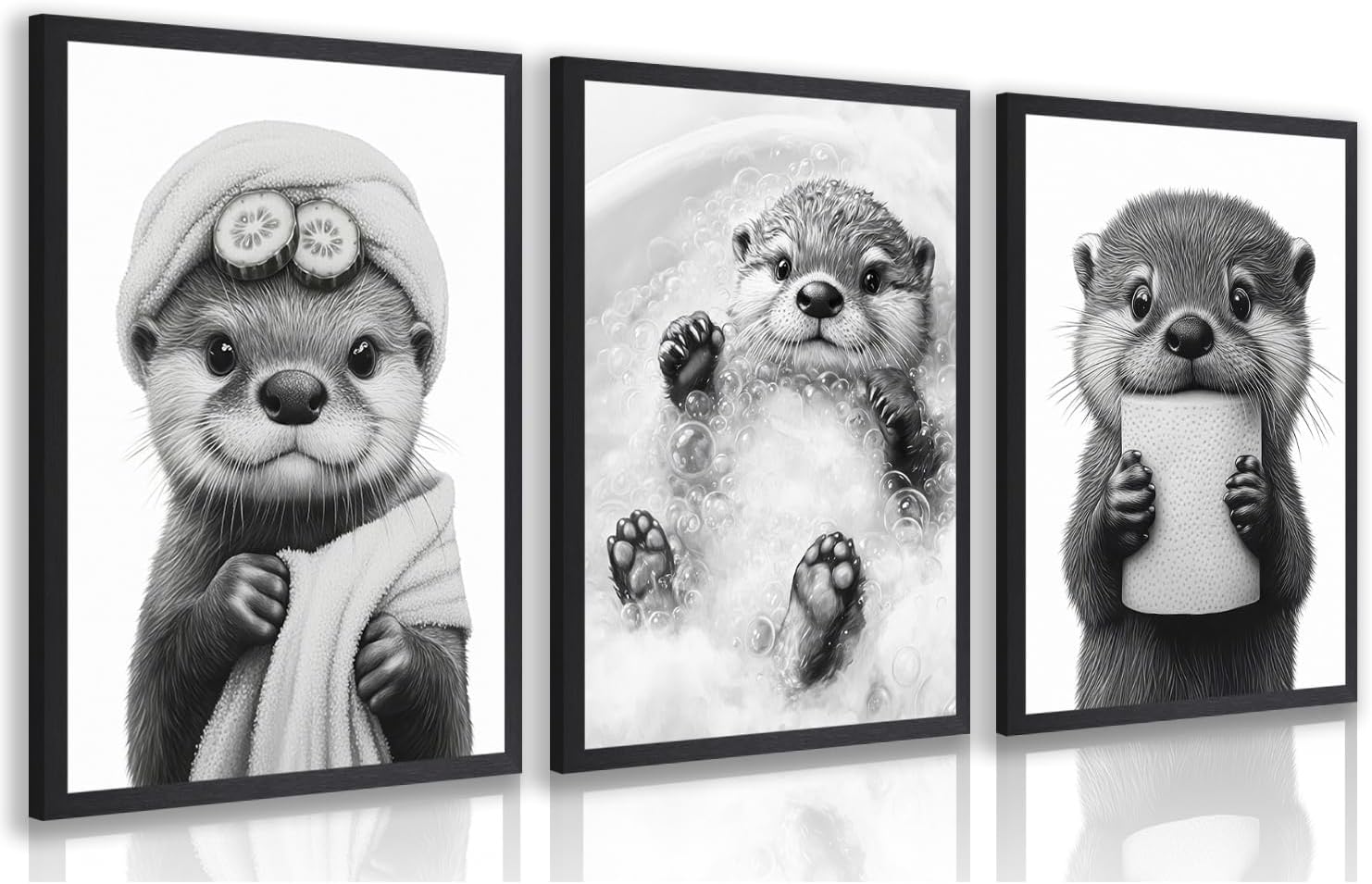 LLEEMPI Funny Bathroom Wall Art Set of 3, Cute Raccoon Poster Prints, Humor Animals Canvas Paintings, Fashion Minimalist Black White Wall Decor for Restroom Nursery Bedroom Wood Framed 12x16 inch