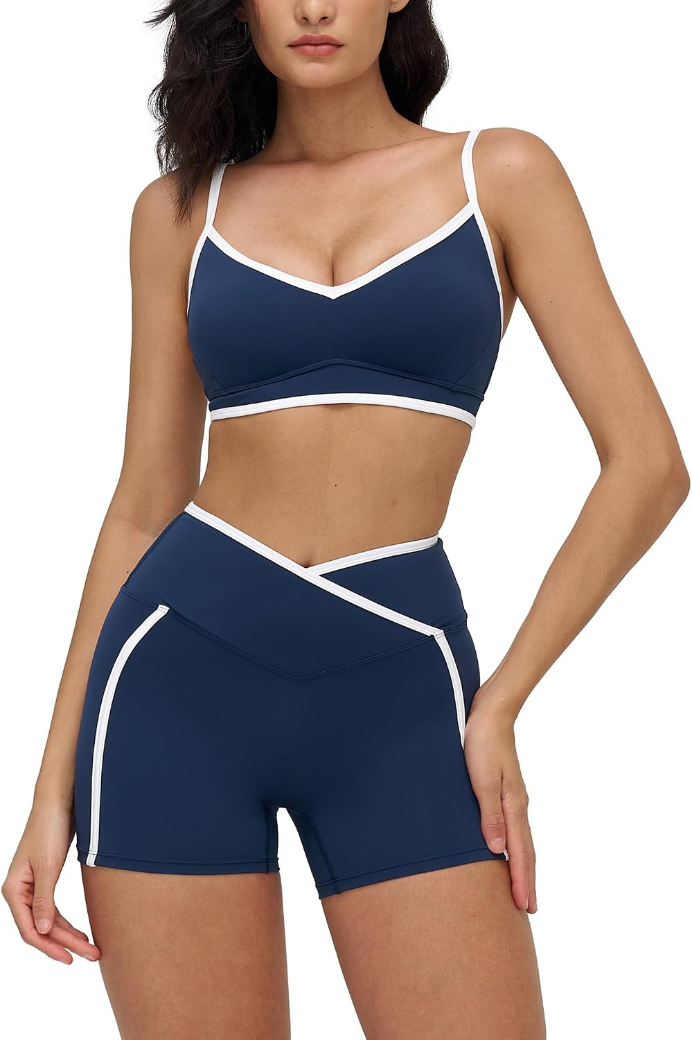 2 Piece Workout Sets for Women Seamless High Waist Scrunch Butt Yoga Shorts Contrast Panel Sports Bra Outfits