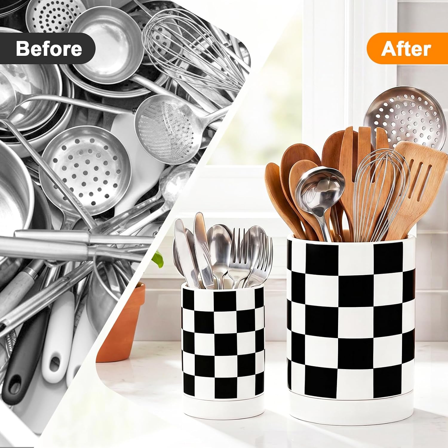 Kitchen Utensil Holder, 7.8 Inch + 5.8 Inch Checkered Ceramic Utensil Crock for Countertop, Heavy Large Counter Organizer with Removable Tray, Modern Kitchen Decor