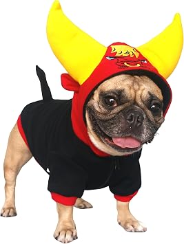 iChoue Buffalo Horn Dog Halloween Costumes Winter Coats Clothes Hoodies for French English Bulldogs, Pugs, Keep Your Dogs Warm and Stylish. Add Fun to Your pets Wardrobe - Black Yellow, Medium