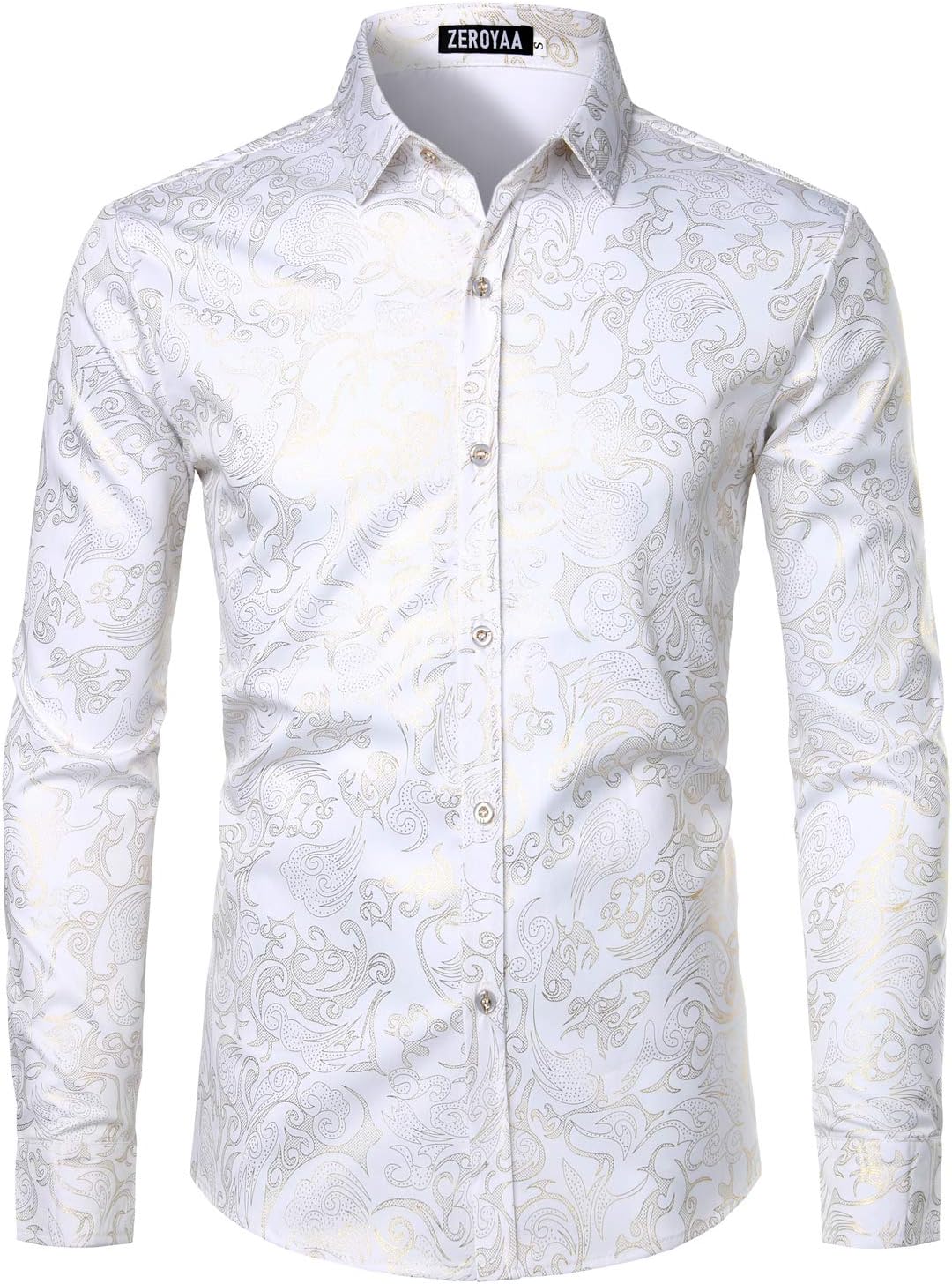 ZEROYAA Men's Luxury Gold Prom Design Slim Fit Long Sleeve Button up Party Dress Shirts
