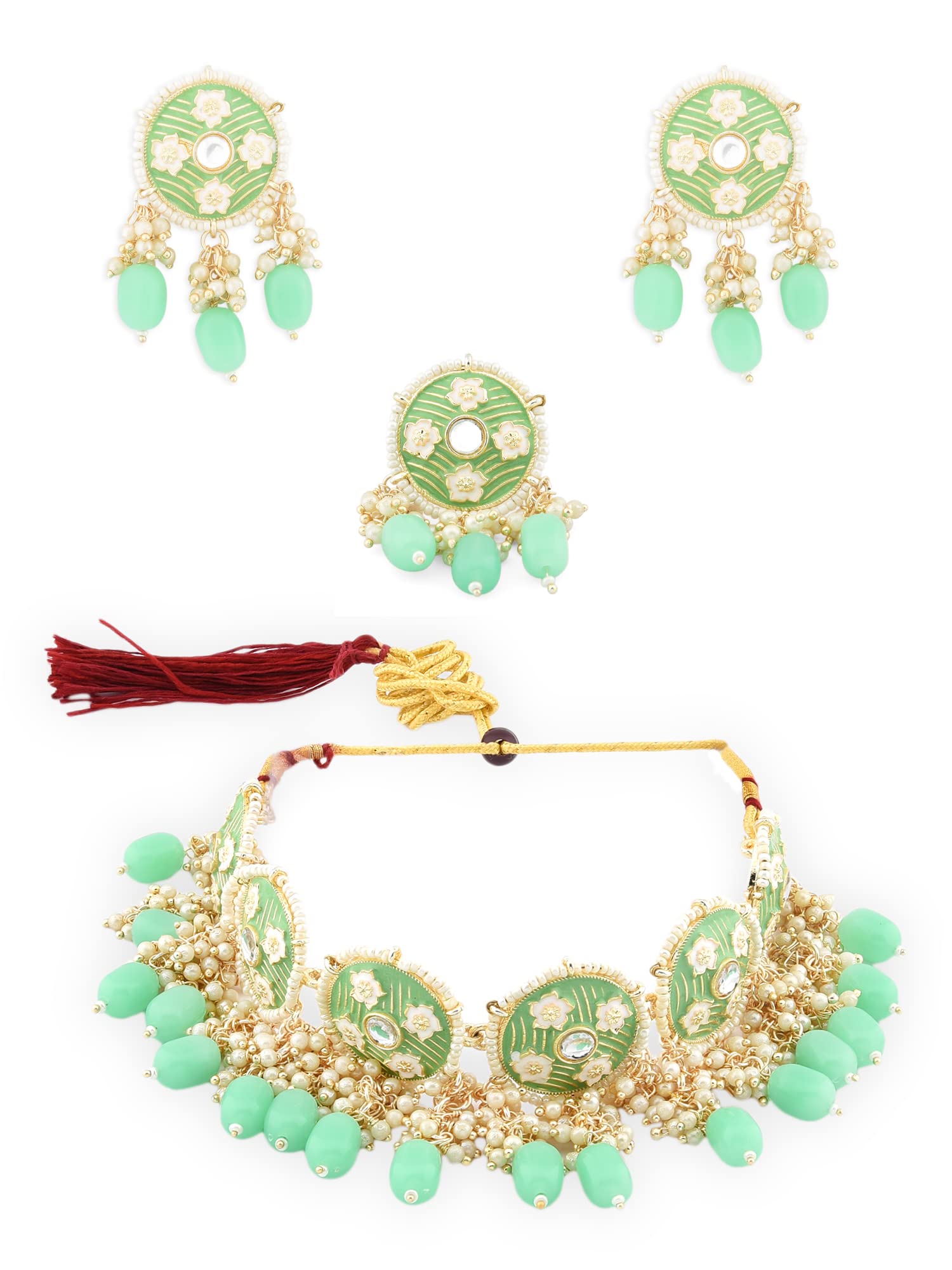 ZAVERI PEARLS Green & White Meenakari Cluster Pearls Choker Necklace Earring & Ring Set For Women-ZPFK12617 (B09WVLPVMG) Amazon Price History, Amazon Price Tracker