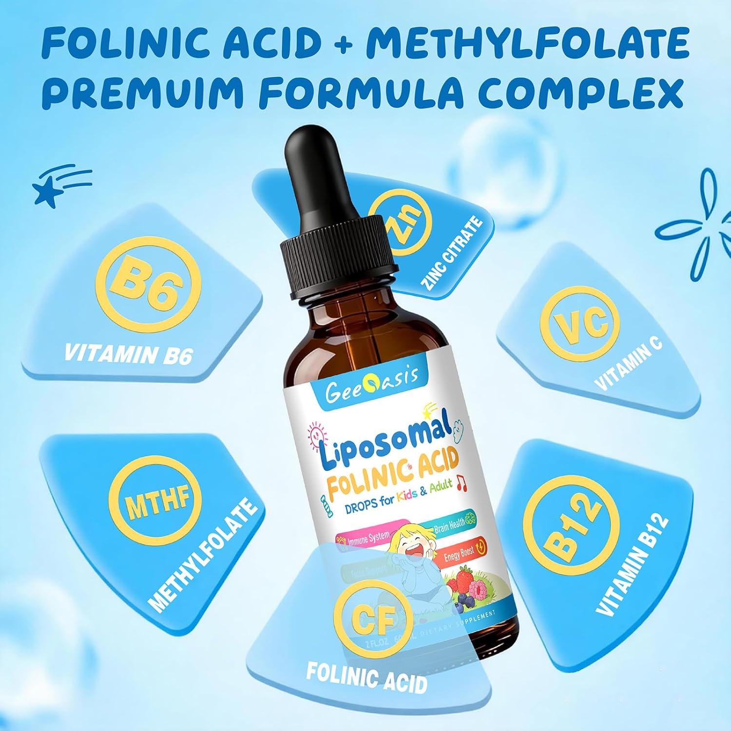 Liquid Folinic Acid & Methylfolate Drops for Kids, Folic Acid Supplement with Methylated B12 for Women, with Zinc Citrate, Vitamin B6 & C, Support for Brain, Focus & Cellular Health, MTHF, 2 Fl Oz