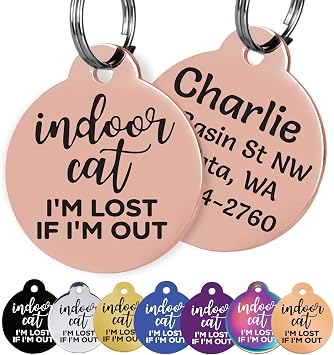 GoTags Personalized Small Indoor Cat Tag - Engraved with 4 Lines of Custom ID, Rose Gold Stainless Steel Round Pet ID Tag