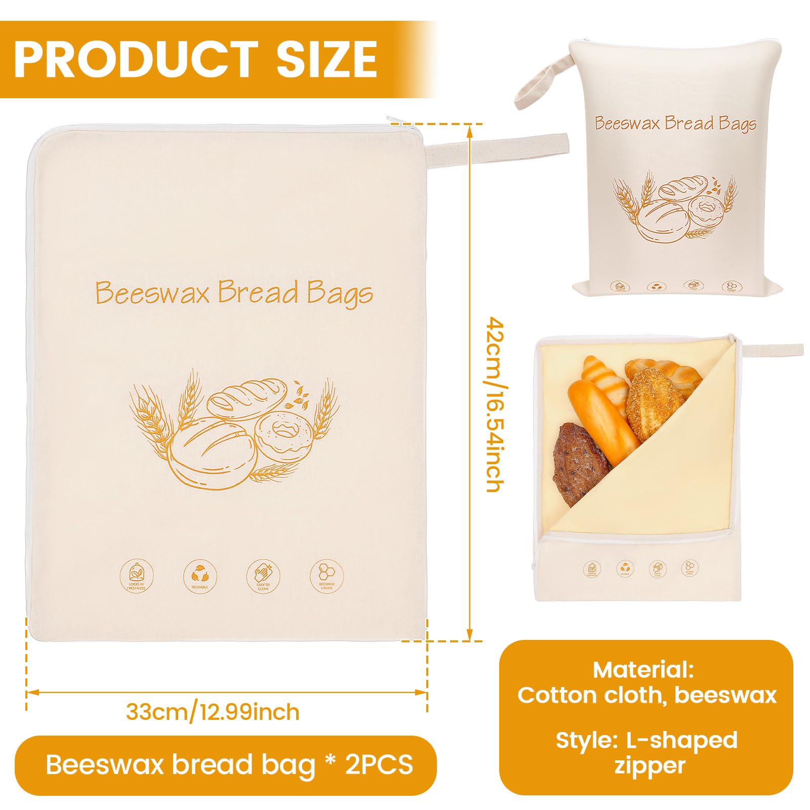 Sacs à pain en cire d'abeille avec fermeture éclair, 42x33 cm, 100% coton, réutilisables, pack de 2