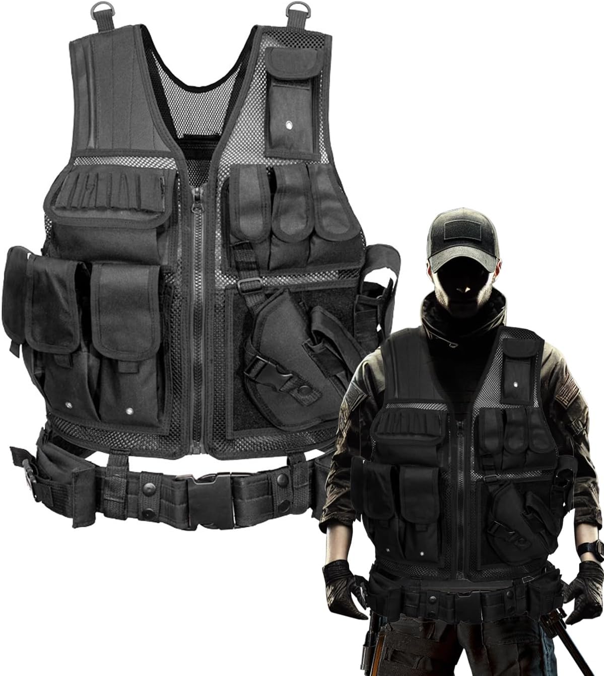Tactical Vest - Military Tactical Airsoft Paintball Gear for Men - Black Army Spy Gear Tactcial Vest for Airsoft, Paintball, Hunting, and Tatical Vests Cosplay - chaleco militar